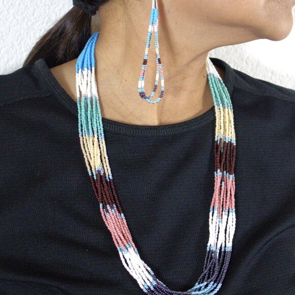 Authentic Native American Multicolor Glass Beads Necklace & Earrings Set Jewelry - Picture 1 of 10